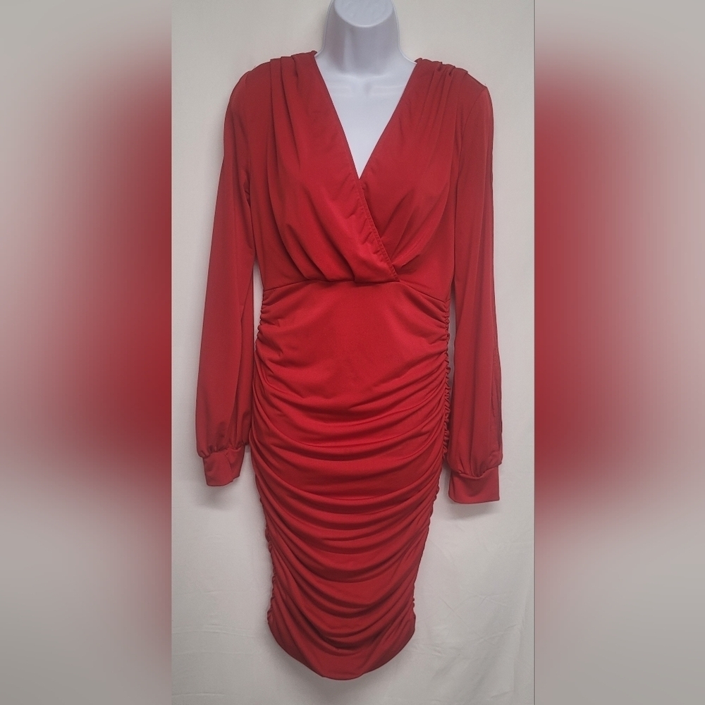 AX 6 Red Dress Criss Cross Front Elastic Ruched Sides Split Sleeve Zipper Back